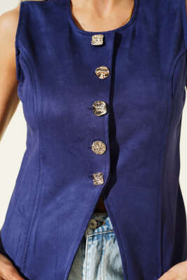 Düğmeli Süet Yelek Lacivert - Kadın Giyim Modelleri