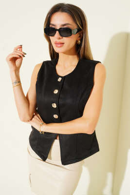 Düğmeli Süet Yelek Siyah 