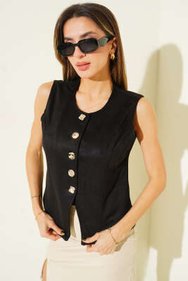 Düğmeli Süet Yelek Siyah - Kadın Giyim Modelleri