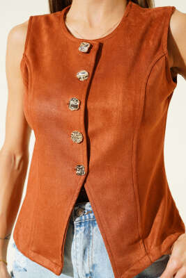 Düğmeli Süet Yelek Taba - Kadın Giyim Modelleri