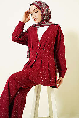 Düğmeli Taş Süslemeli İkili Takım Bordo 