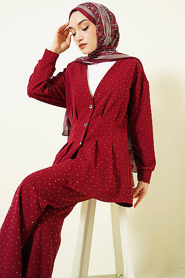 Düğmeli Taş Süslemeli İkili Takım Bordo - İkili Takım