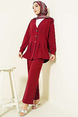 Düğmeli Taş Süslemeli İkili Takım Bordo - İkili Takım