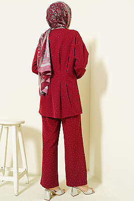 Düğmeli Taş Süslemeli İkili Takım Bordo - İkili Takım