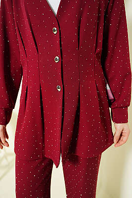 Düğmeli Taş Süslemeli İkili Takım Bordo - İkili Takım