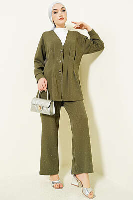 Düğmeli Taş Süslemeli İkili Takım Haki - İkili Takım