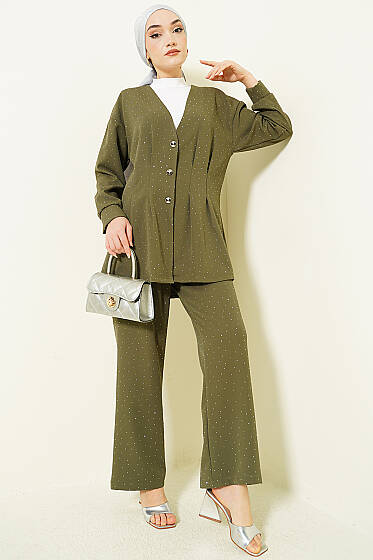 Düğmeli Taş Süslemeli İkili Takım Haki - İkili Takım