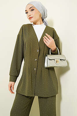 Düğmeli Taş Süslemeli İkili Takım Haki - İkili Takım