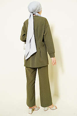 Düğmeli Taş Süslemeli İkili Takım Haki - İkili Takım