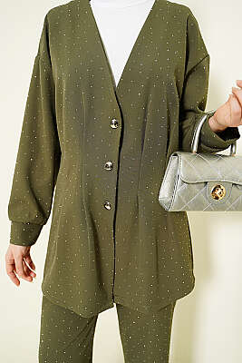 Düğmeli Taş Süslemeli İkili Takım Haki - İkili Takım