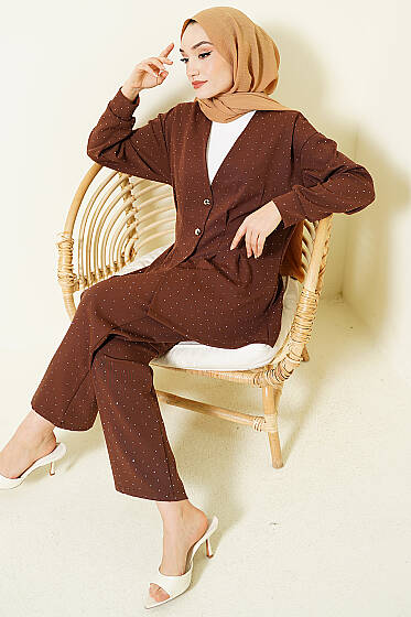Düğmeli Taş Süslemeli İkili Takım Kahve - İkili Takım