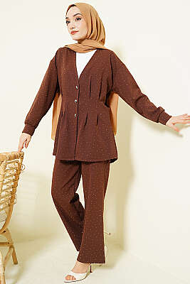Düğmeli Taş Süslemeli İkili Takım Kahve - İkili Takım
