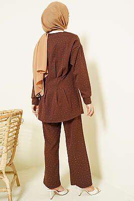 Düğmeli Taş Süslemeli İkili Takım Kahve - İkili Takım