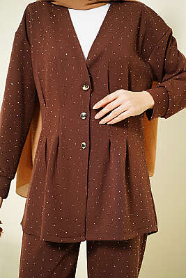 Düğmeli Taş Süslemeli İkili Takım Kahve - İkili Takım