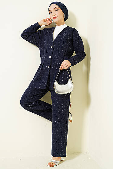 Düğmeli Taş Süslemeli İkili Takım Lacivert - İkili Takım
