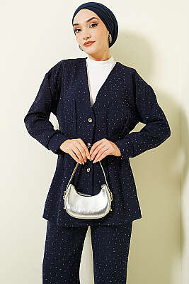 Düğmeli Taş Süslemeli İkili Takım Lacivert - İkili Takım