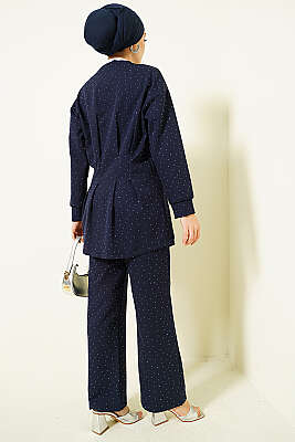 Düğmeli Taş Süslemeli İkili Takım Lacivert - İkili Takım