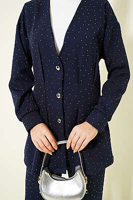 Düğmeli Taş Süslemeli İkili Takım Lacivert - İkili Takım