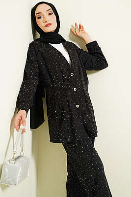 Düğmeli Taş Süslemeli İkili Takım Siyah - CNR TEKSTİL