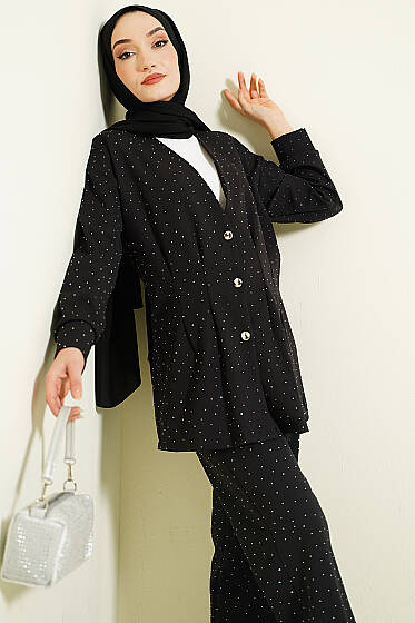 Düğmeli Taş Süslemeli İkili Takım Siyah - İkili Takım