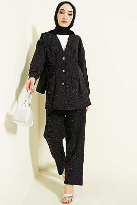 Düğmeli Taş Süslemeli İkili Takım Siyah - İkili Takım