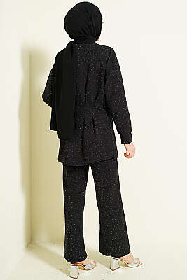 Düğmeli Taş Süslemeli İkili Takım Siyah - İkili Takım