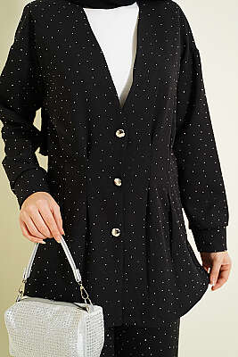 Düğmeli Taş Süslemeli İkili Takım Siyah - İkili Takım