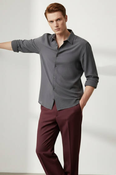 Düğmeli Tensel Erkek Gömlek Antrasit - Erkek Gömlek