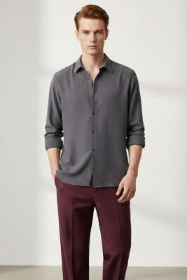 Düğmeli Tensel Erkek Gömlek Antrasit - Erkek Gömlek