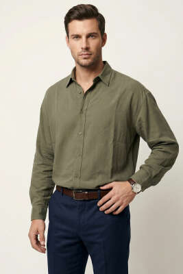 Düğmeli Tensel Erkek Gömlek Haki - Erkek Gömlek