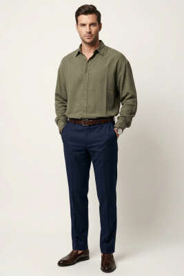Düğmeli Tensel Erkek Gömlek Haki - Erkek Gömlek