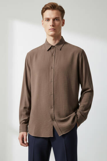 Düğmeli Tensel Erkek Gömlek Kahve - Erkek Gömlek