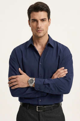 Düğmeli Tensel Erkek Gömlek Lacivert 