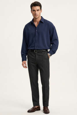 Düğmeli Tensel Erkek Gömlek Lacivert - Erkek Gömlek