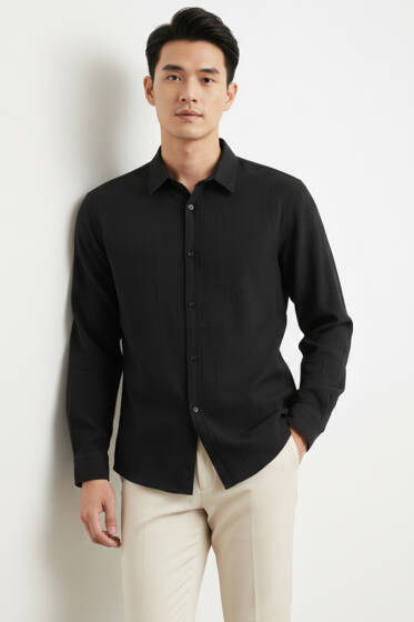 Düğmeli Tensel Erkek Gömlek Siyah - Erkek Gömlek