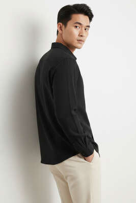 Düğmeli Tensel Erkek Gömlek Siyah - Erkek Gömlek