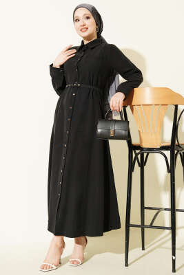 Düğmeli Tensel İnce Kemerli Elbise Antrasit 