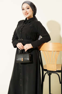 Düğmeli Tensel İnce Kemerli Elbise Antrasit - Elbise