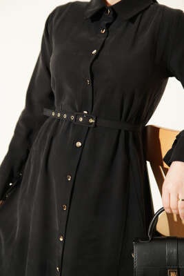 Düğmeli Tensel İnce Kemerli Elbise Antrasit - Elbise