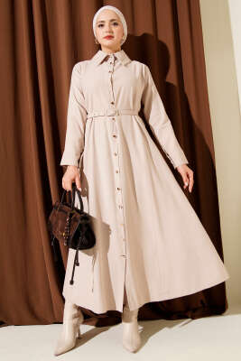 Düğmeli Tensel İnce Kemerli Elbise Bej - MISRA