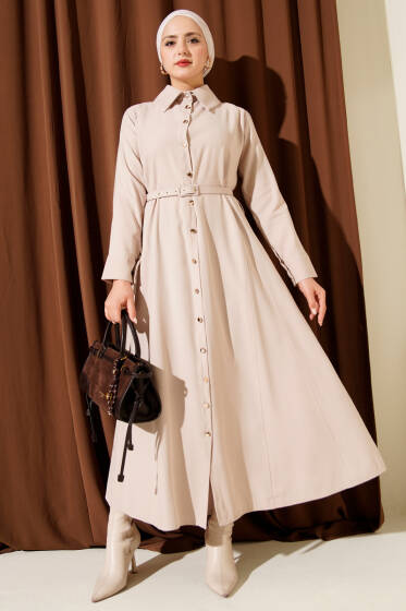 Düğmeli Tensel İnce Kemerli Elbise Bej - Elbise