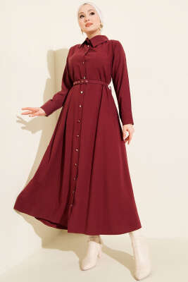 Düğmeli Tensel İnce Kemerli Elbise Bordo - MISRA
