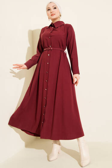Düğmeli Tensel İnce Kemerli Elbise Bordo - Elbise