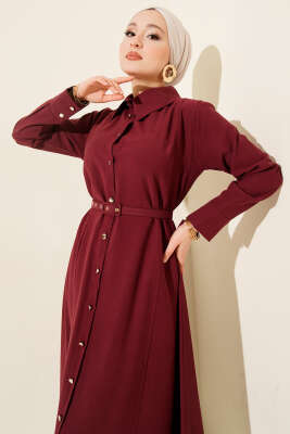 Düğmeli Tensel İnce Kemerli Elbise Bordo - Elbise