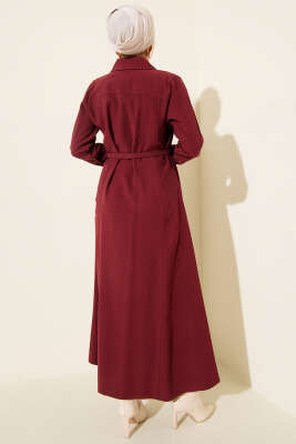 Düğmeli Tensel İnce Kemerli Elbise Bordo - Elbise