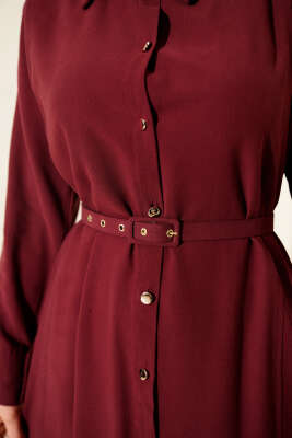 Düğmeli Tensel İnce Kemerli Elbise Bordo - Elbise