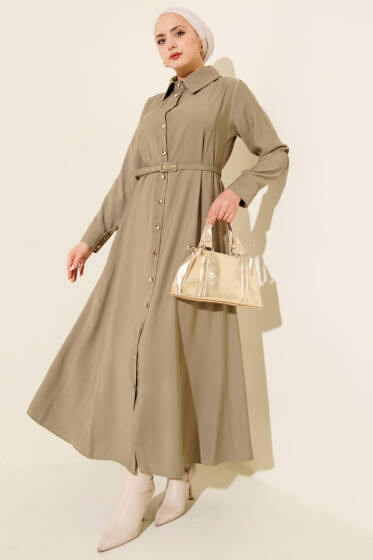 Düğmeli Tensel İnce Kemerli Elbise Haki - Elbise