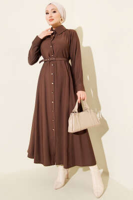 Düğmeli Tensel İnce Kemerli Elbise Kahve - MISRA