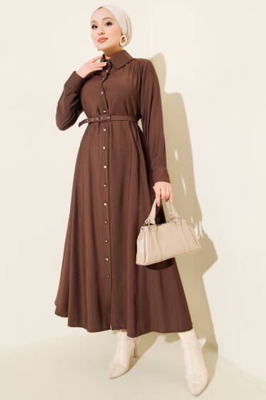 Düğmeli Tensel İnce Kemerli Elbise Kahve - Elbise