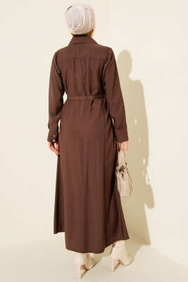 Düğmeli Tensel İnce Kemerli Elbise Kahve - Elbise